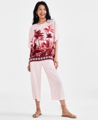 Womens Printed Dolman Sleeve Top Smocked Waist Cropped Pants Created For Macys