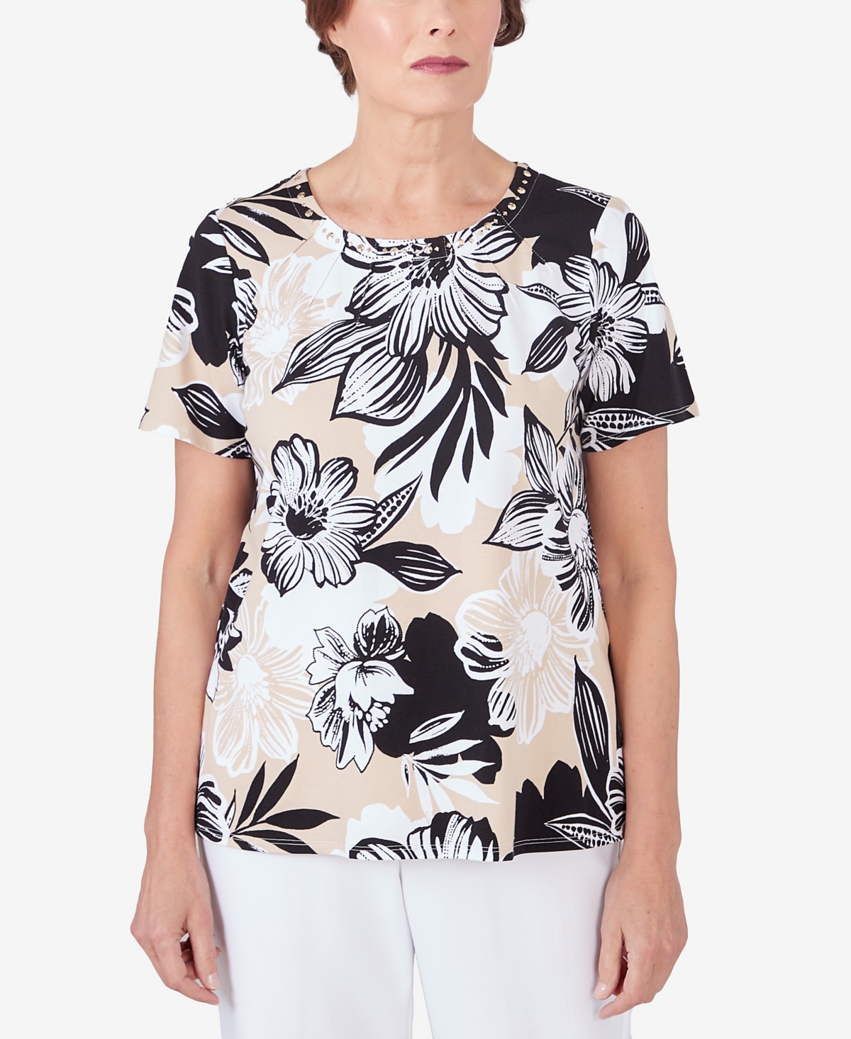 Shop Alfred Dunner Women's Pleated Neck Bold Floral Short Sleeve Tee In Black,tan