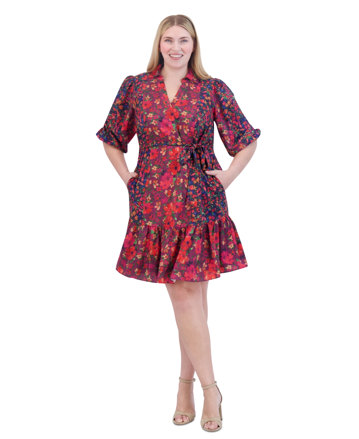 Plus Size Floral-Print Fit & Flare Dress - Red Combo