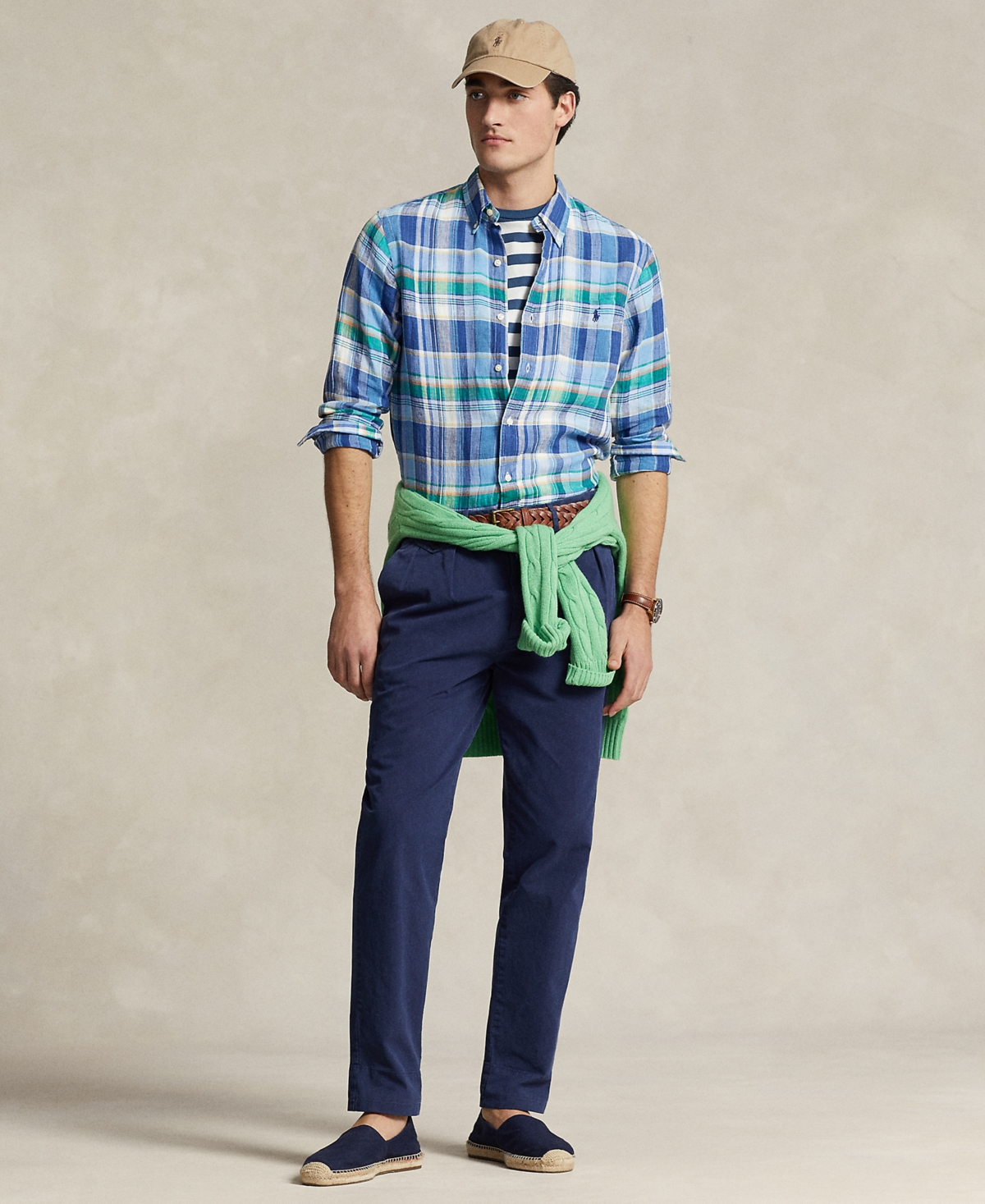 Shop Polo Ralph Lauren Men's Classic-fit Linen Plaid Shirt In Blue,green Multi