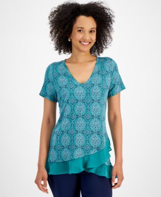 JM Collection Petite Printed Ruffled-Hem Printed Top