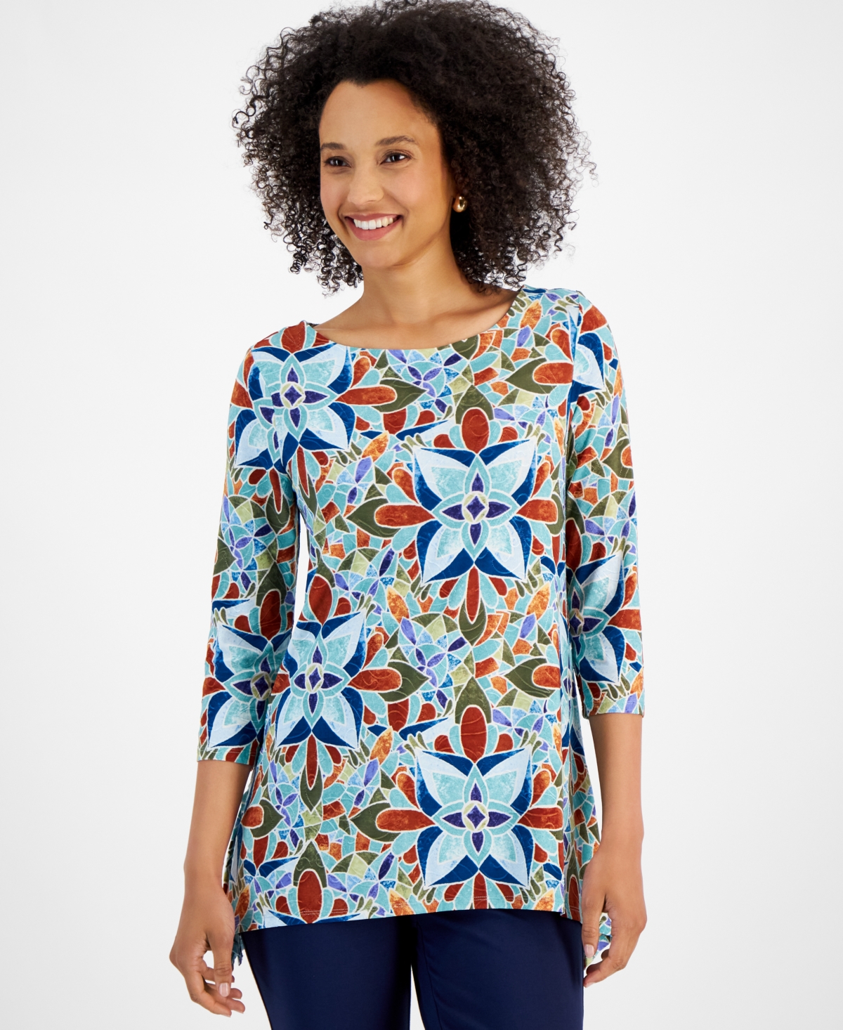 Jm Collection Women's Printed 3/4 Sleeve Jacquard Top, Created for Macy's