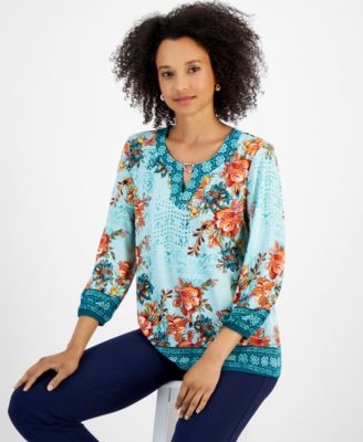 JM Collection - Women's Printed Hardware-Trim Keyhole Top