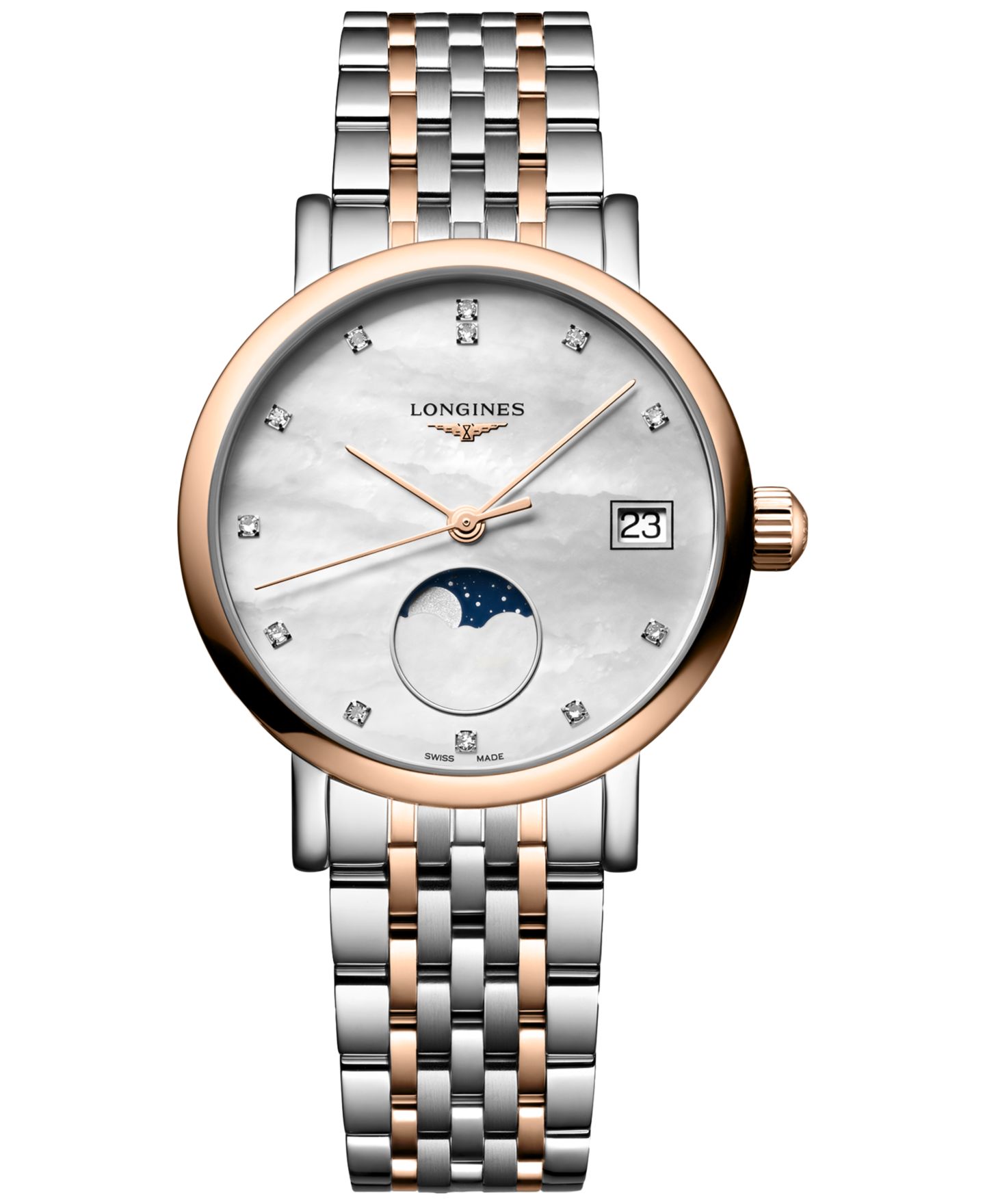 Женские часы Longines Swiss Elegant Moonphase Diamond (1/20 ct. t.w.) Two-Tone Stainless Steel Bracelet Watch 30mm — фото 1