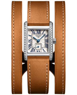 Longines - Women's Swiss Mini Dolcevita Diamond (3/8 ct. t.w.) Brown Three-Row Leather Strap Watch 29mm