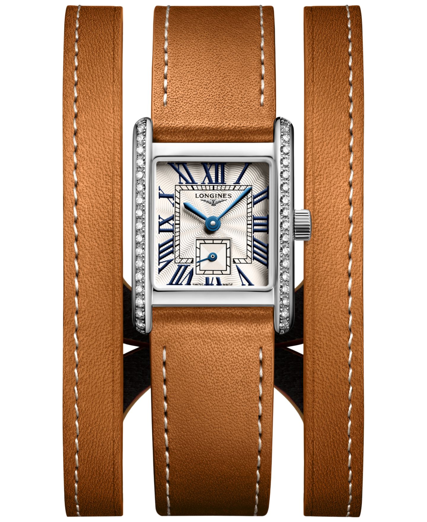 Женские часы Longines Swiss Mini Dolcevita Diamond (3/8 ct. t.w.) Brown Three-Row Leather Strap Watch 29mm — фото 1