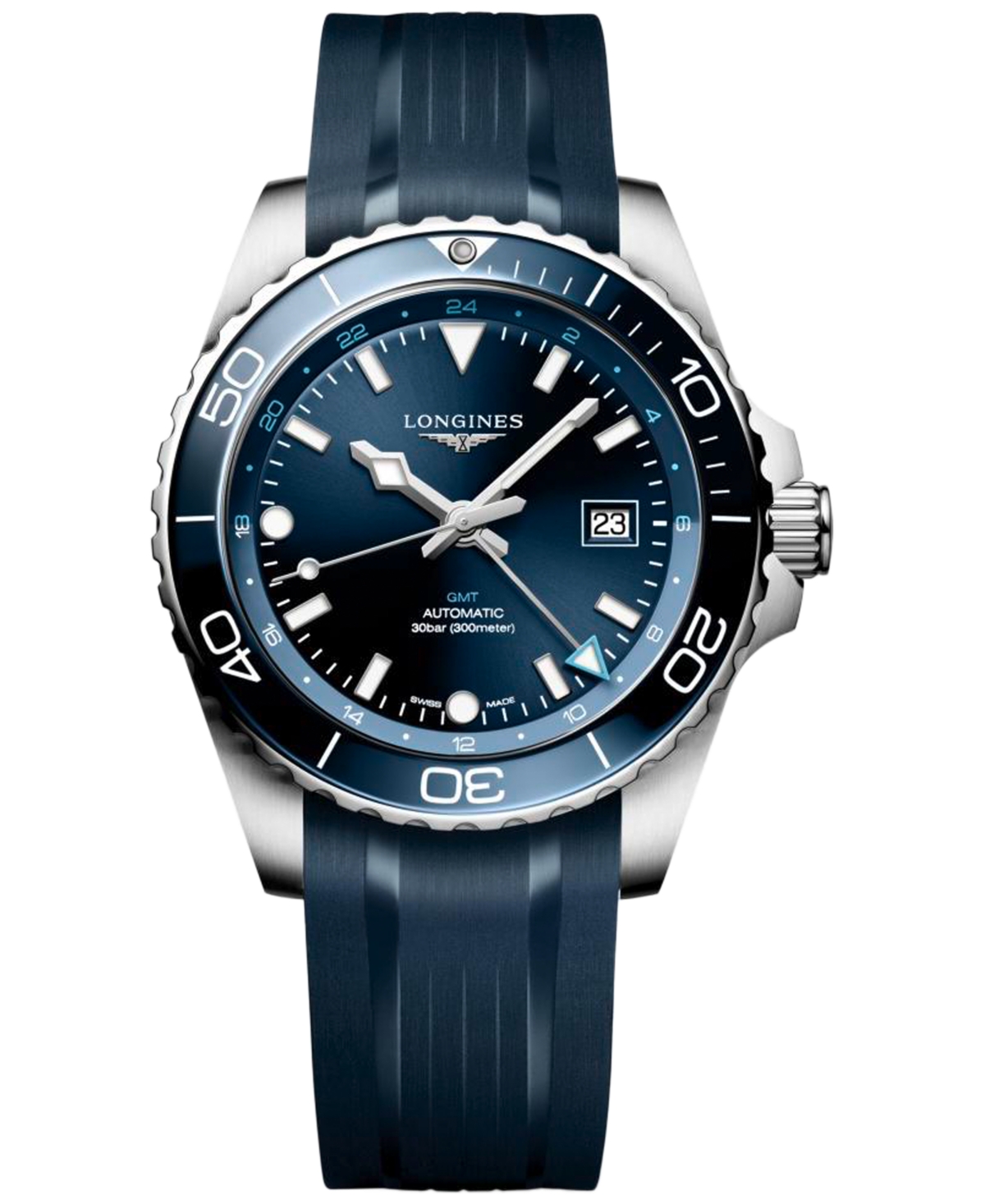 Men's Swiss Automatic Hydroconquest Gmt Blue Rubber Strap Watch 43mm