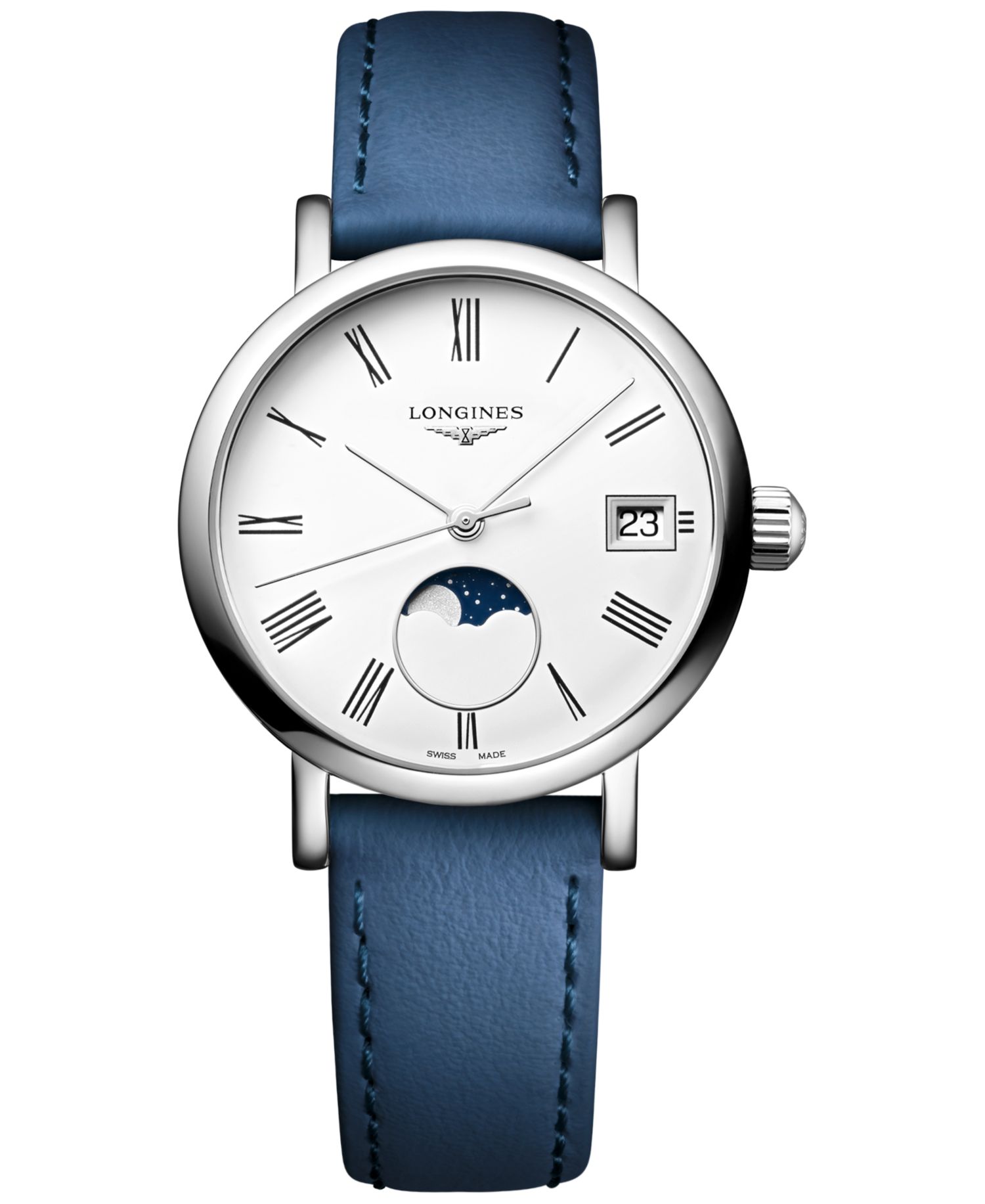 Women's Swiss Elegant Moonphase Blue Leather Strap Watch 30mm
