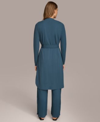 Donna Karan Tie Front Long Cardigan Pleated Pull On Pant In Black