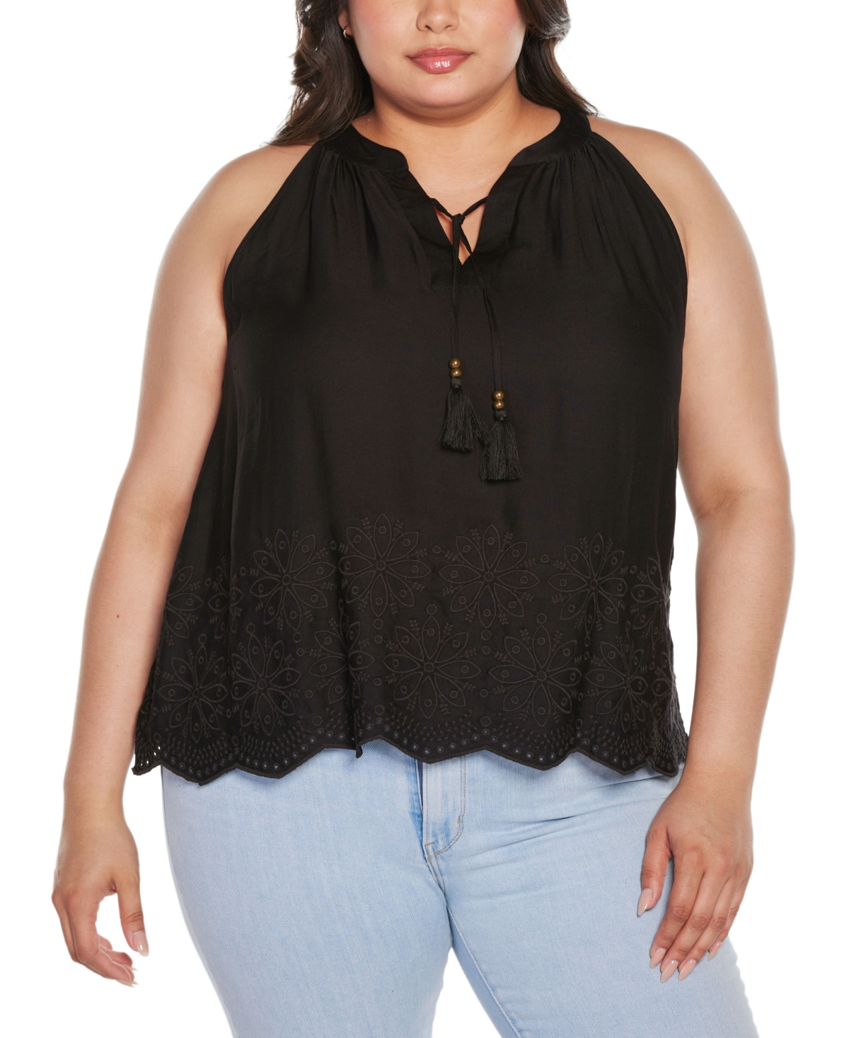 Black Label Plus Size Embroidered Hem Sleeveless Top - Black