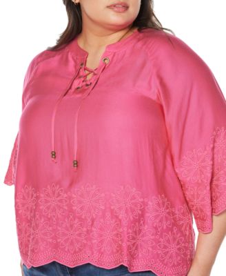 Black Label Plus Size Raglan 3/4-Sleeve Embroidered Top