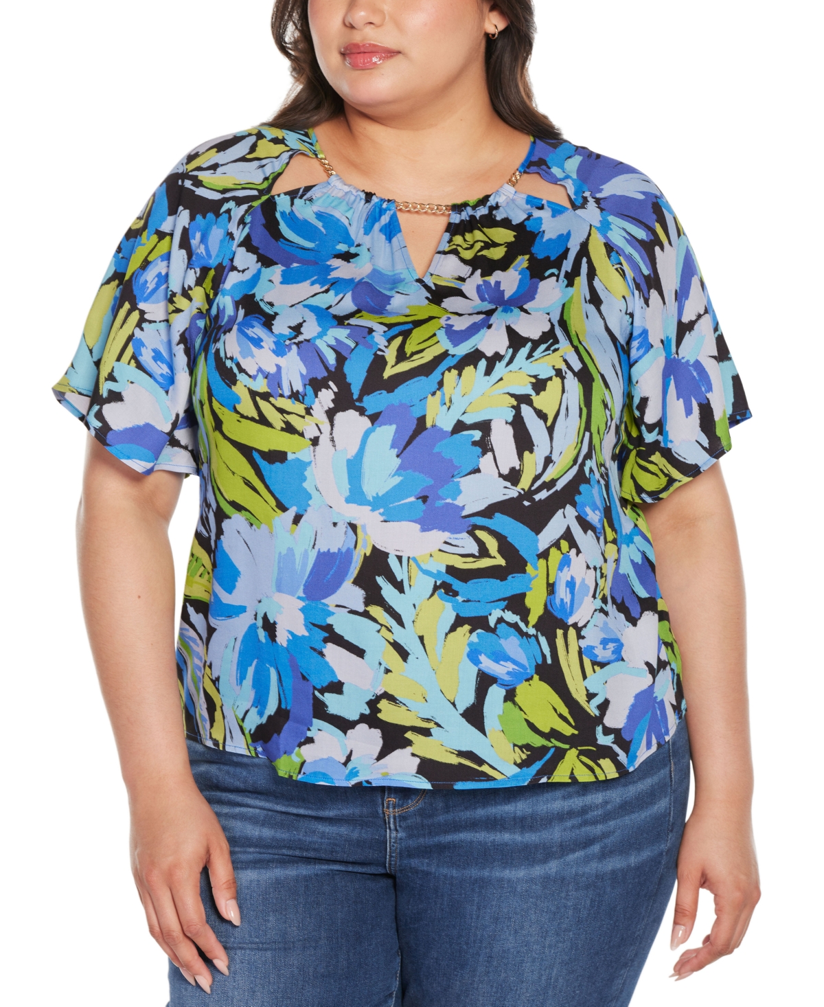 Shop Belldini Black Label Plus Size Abstract Floral Cutout Detail Top In Blue Combo