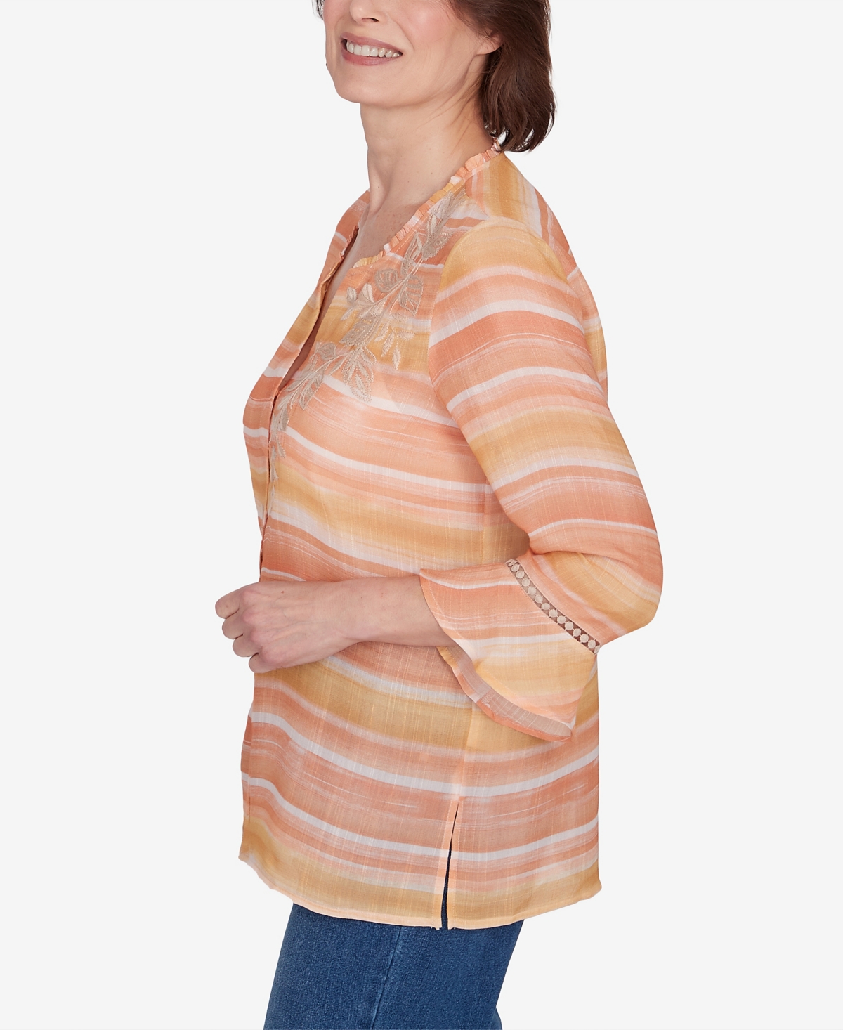 Shop Alfred Dunner Petite Scottsdale Warm Stripe Floral Embroidered Top In Apricot