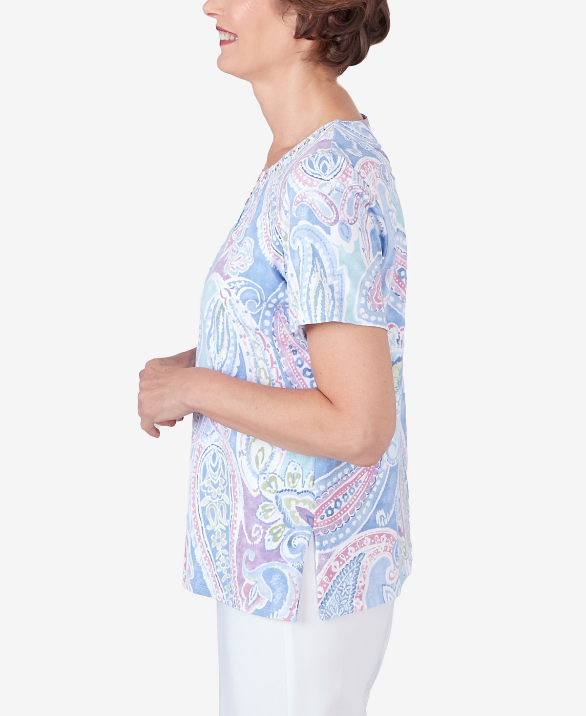 Alfred Dunner Petite Pleated Crew Neck Paisley Short Sleeve Tee