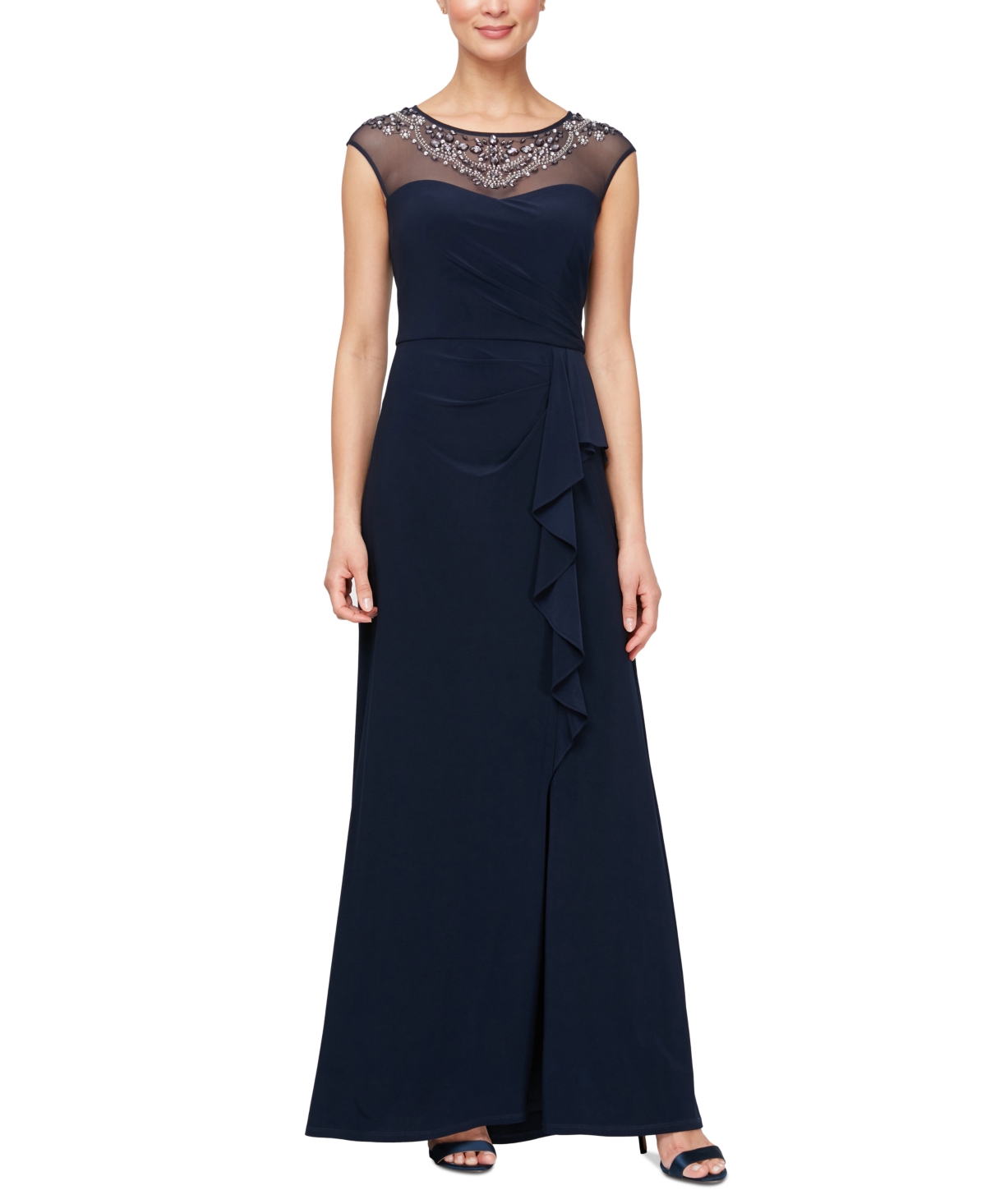 Petite Beaded Illusion-Neck Cascade Gown - Navy
