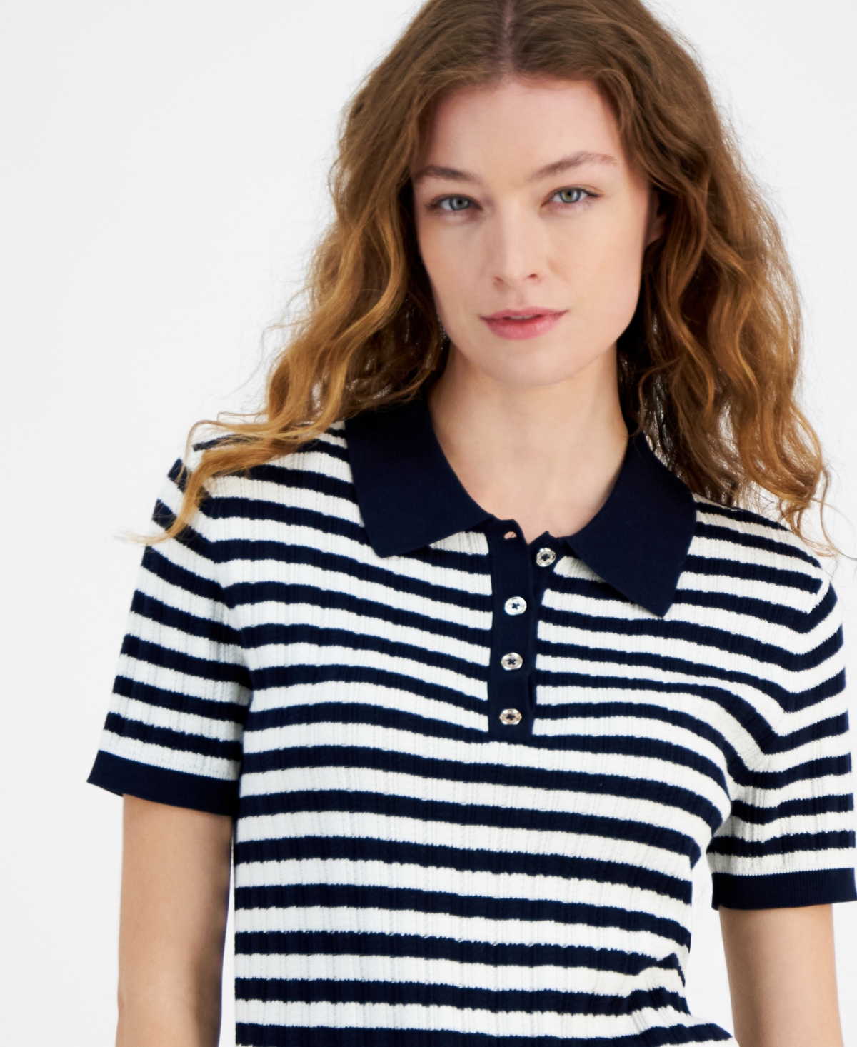 Tommy Hilfiger Women's Striped Short-Sleeve Polo Sweater -i