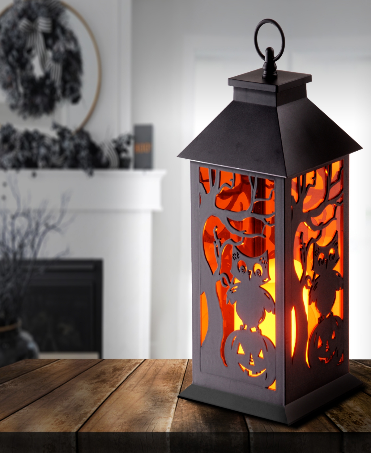 National Tree Company 12" Halloween Lantern With Led Lights, Carved Images Of Owls, Pumpkins, Leafless Trees In Black