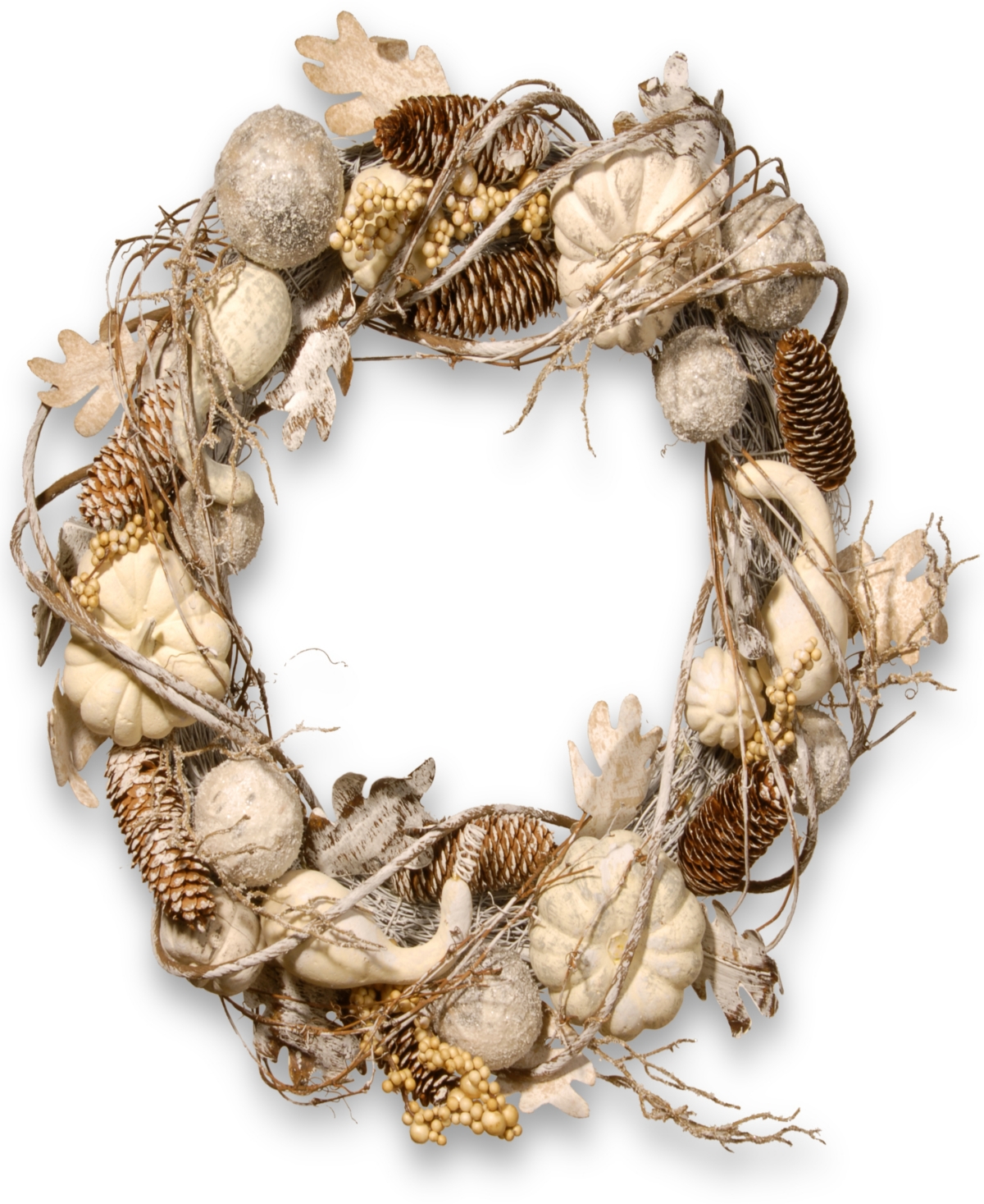 20" Artificial Autumn Wreath, White, Decorated with Pumpkins, Gourds, Pinecones, Berry Clusters, Ball Ornaments, Oak Leaves - Wh