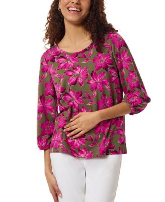 Jones New York - Petite Printed Crewneck 3/4-Sleeve Top