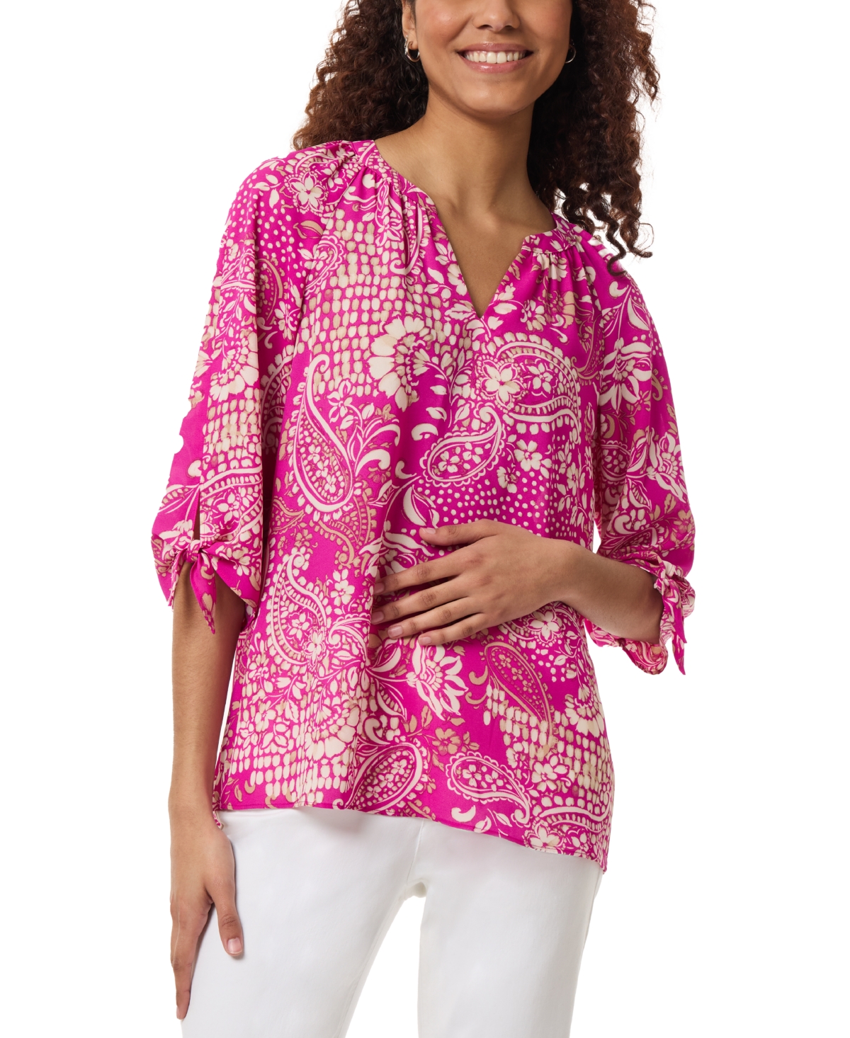 Petite Printed V-Neck Tie-Sleeve Top - Bright Orchid
