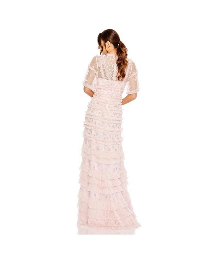Mac Duggal Women's High Neck Ruffle Tiered Floral Gown - Macy's