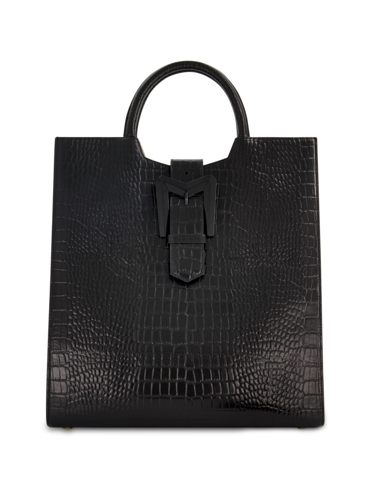 Crocodile Leather Buckle Detail Maxi Tote Bag - Black
