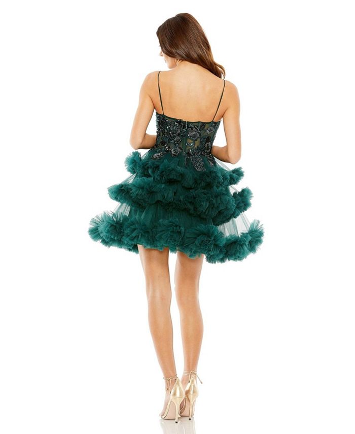 Mac Duggal Women's Thin Strap Beaded Bodice Tiered Tulle Dress - Macy's