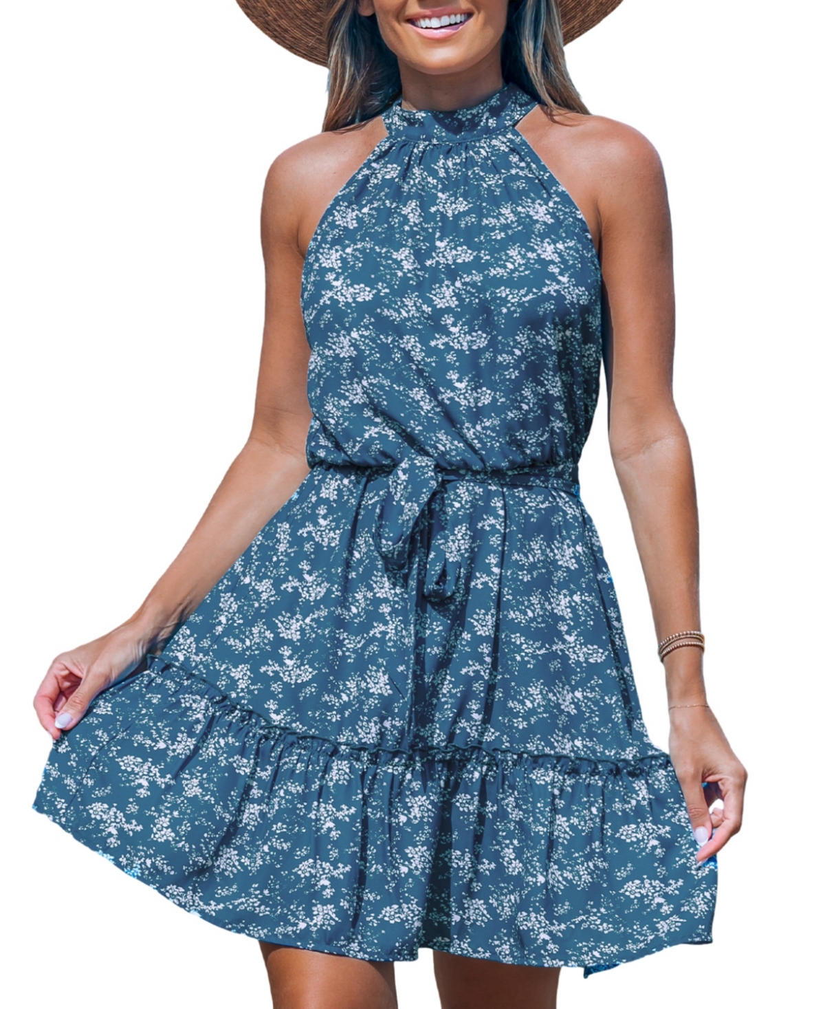 Women's Blue Ditsy Halterneck Waist Tie Mini Beach Dress - Blue