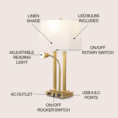 Blaire 23.75" 2-Light Modern Farmhouse Metal LED Table Lamp with USB Charging port, Adjustable Reading Light and AC Outlet, Oil Rubbed Bronze