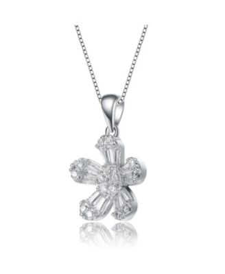 Sterling Silver with Gold Plated Multi Color Baguette Cubic Zirconia Flower Style Pendant Necklace