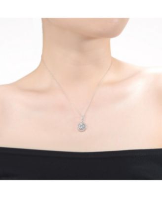 White Gold Plated with Cubic Zirconia Solitaire Halo Drop Pendant Necklace