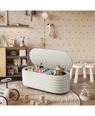 42" Wide Mid-Century Modern Upholstered Teddy Sherpa Tufted Oval Storage Ottoman Bench