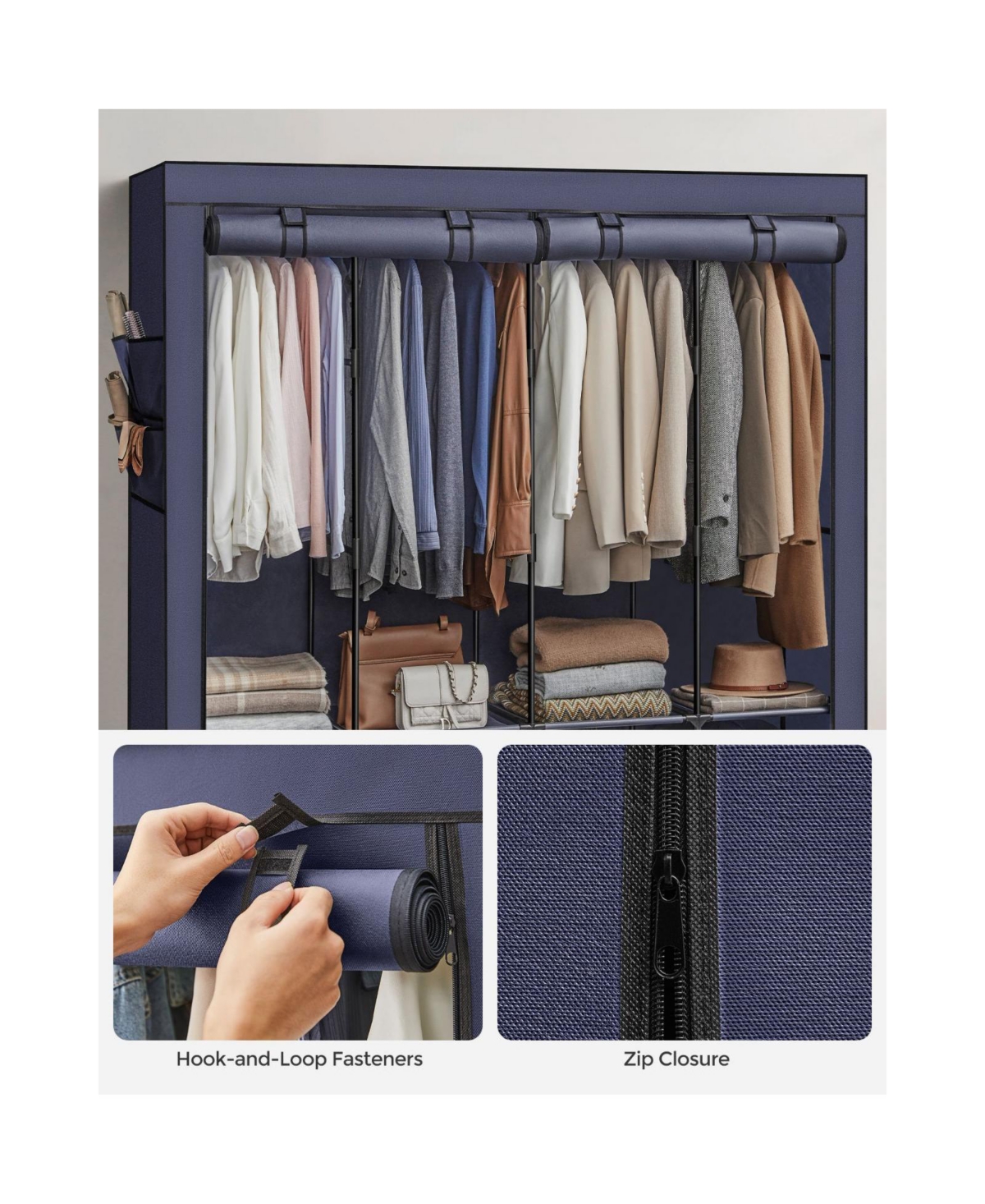 Slickblue Portable Closet, Wardrobe Closet Organizer With Cover, 3 Hanging Rods And Shelves, 4 Side Pockets