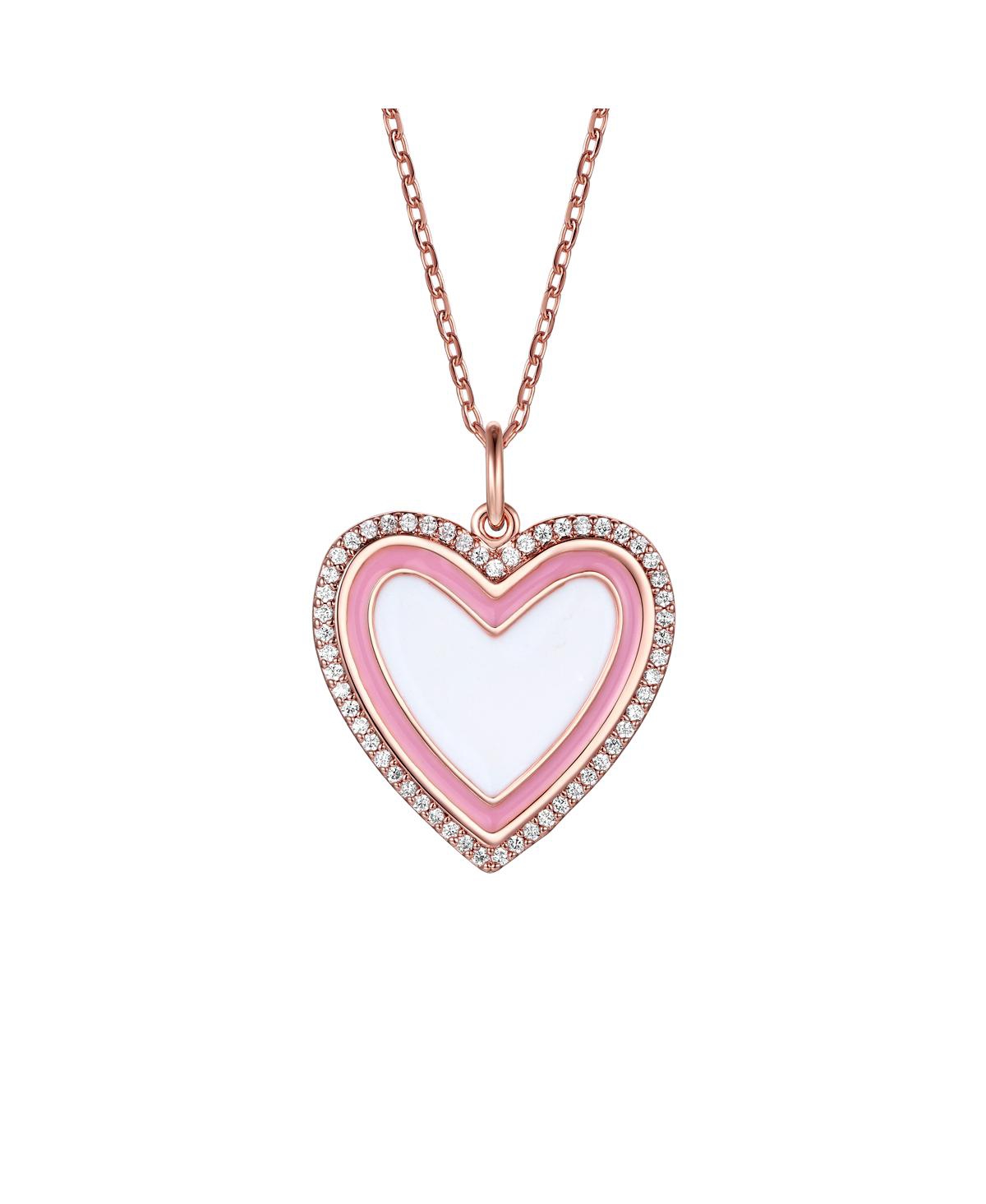 Children's 18k Rose Gold Plated with Clear Cubic Zirconia and Enamel Halo Heart Pendant Necklace - Pink