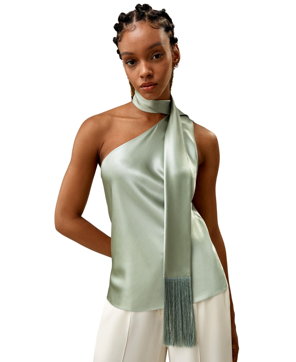 Women's One-shoulder Top With Tassel Scarf for Women - Aqua green
