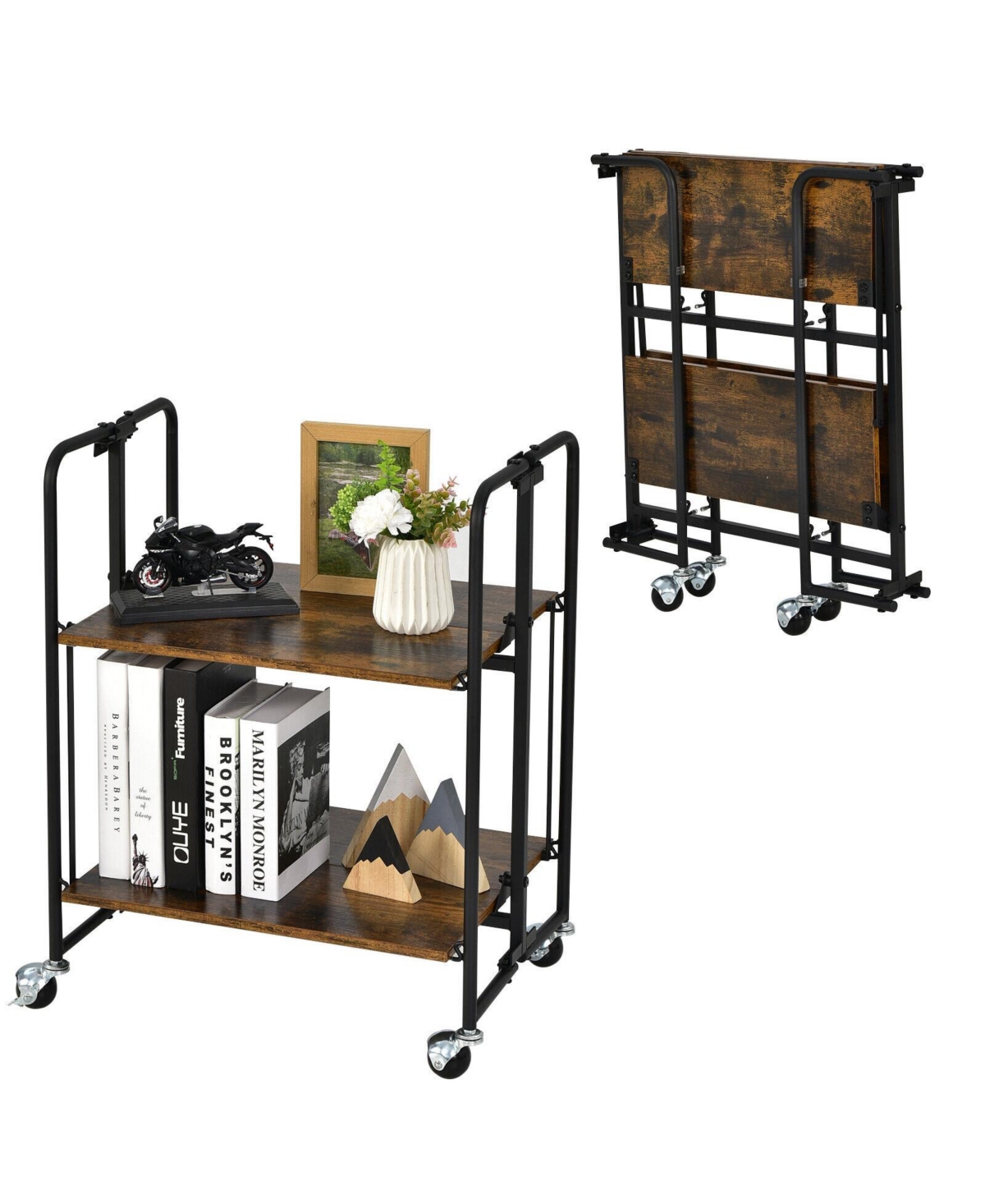 Foldable Rolling Cart with Storage Shelves for Kitchen - Brown