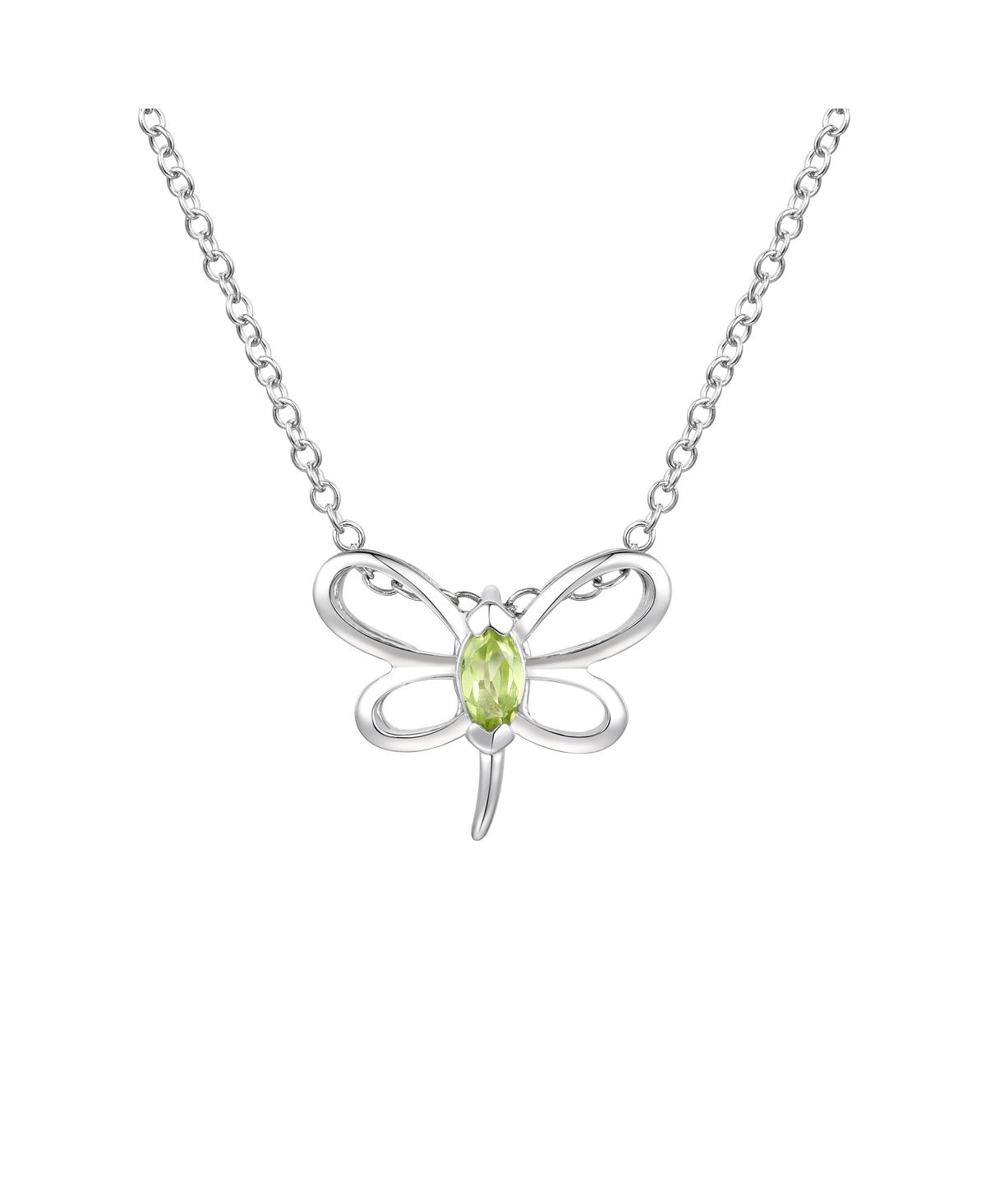 Sterling Silver White Gold Plated with Light Green Tourmaline Butterfly Pendant Necklace - Green