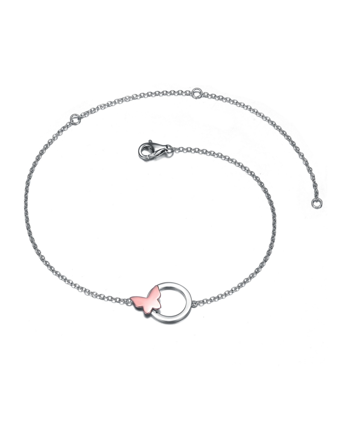 Sterling Silver 18k Rose Gold Plated Infinity Circle Butterfly Charm Anklet, Adjustable Length - Silver