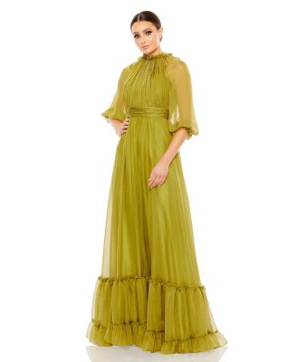 Women's Chiffon Ruched Illusion Raglan Sleeve Ruffled Gown