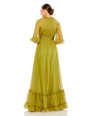 Women's Chiffon Ruched Illusion Raglan Sleeve Ruffled Gown