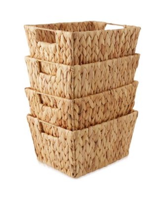 Set of 4 Water Hyacinth Storage Baskets with Handles - Espresso, 12" x 9" x 6" Rectangular Storage Bins for Organizing Shelves, Blankets