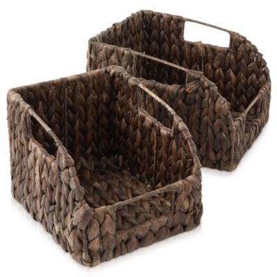 (Set of 2) Water Hyacinth Pantry Baskets with Handles - Natural, Medium and Large Size Woven Storage Baskets for Kitchen Shelves