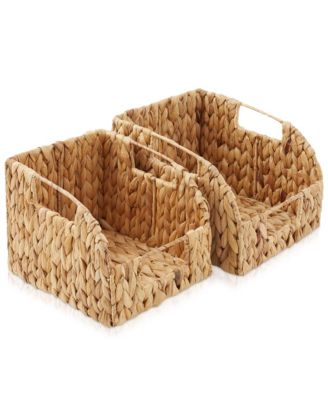 (Set of 2) Water Hyacinth Pantry Baskets with Handles - Natural, Medium and Large Size Woven Storage Baskets for Kitchen Shelves
