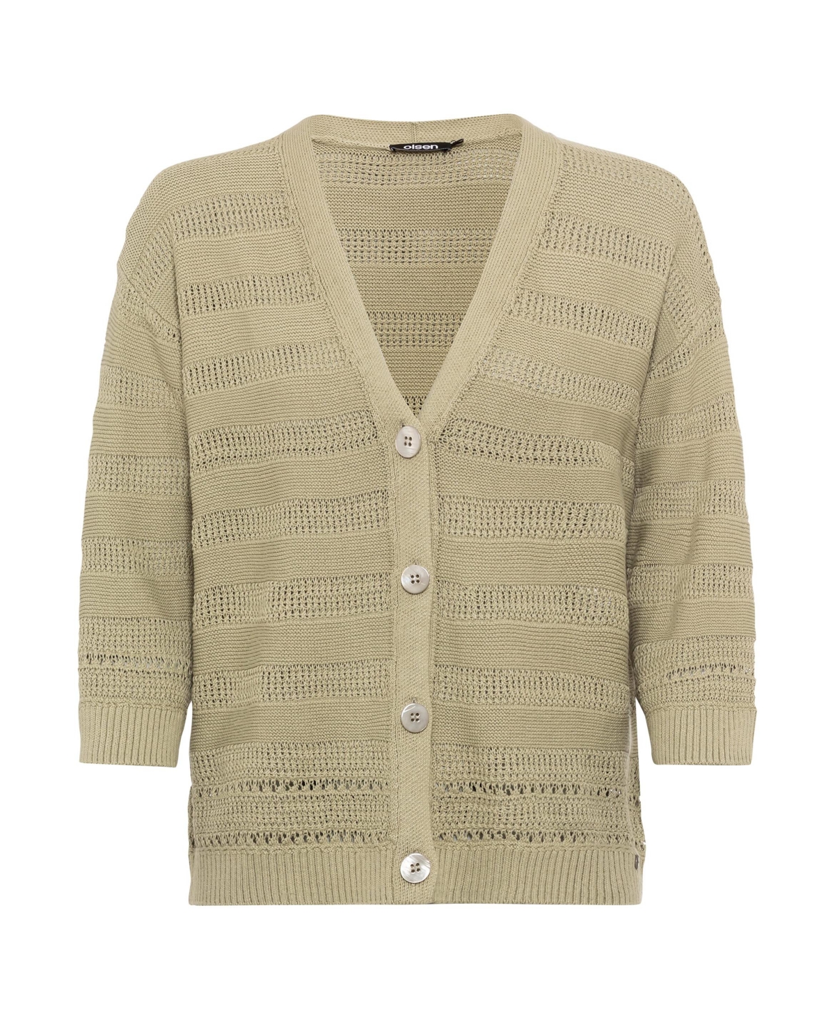 Olsen Women's Cotton Linen Blend 3/4 Sleeve Crochet Stripe Cardigan