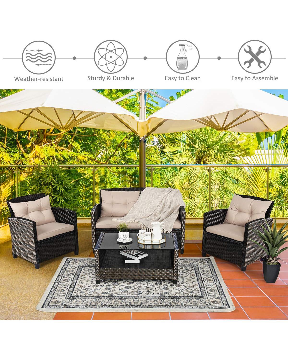 4 Pieces Patio Rattan Conversation Furniture Set with Glass Top Coffee Table