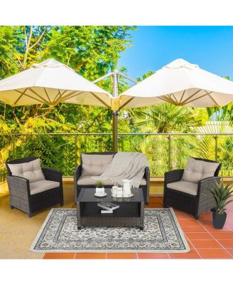 4 Pieces Patio Rattan Conversation Furniture Set with Glass Top Coffee Table