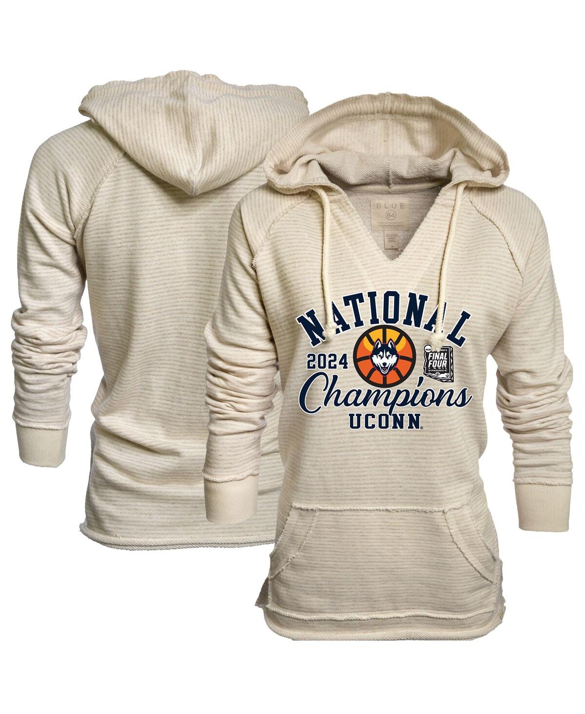 Women's Cream UConn Huskies 2024 Ncaa Men's Basketball National Champions Striped French Terry V-Neck Pullover Hoodie - Cream