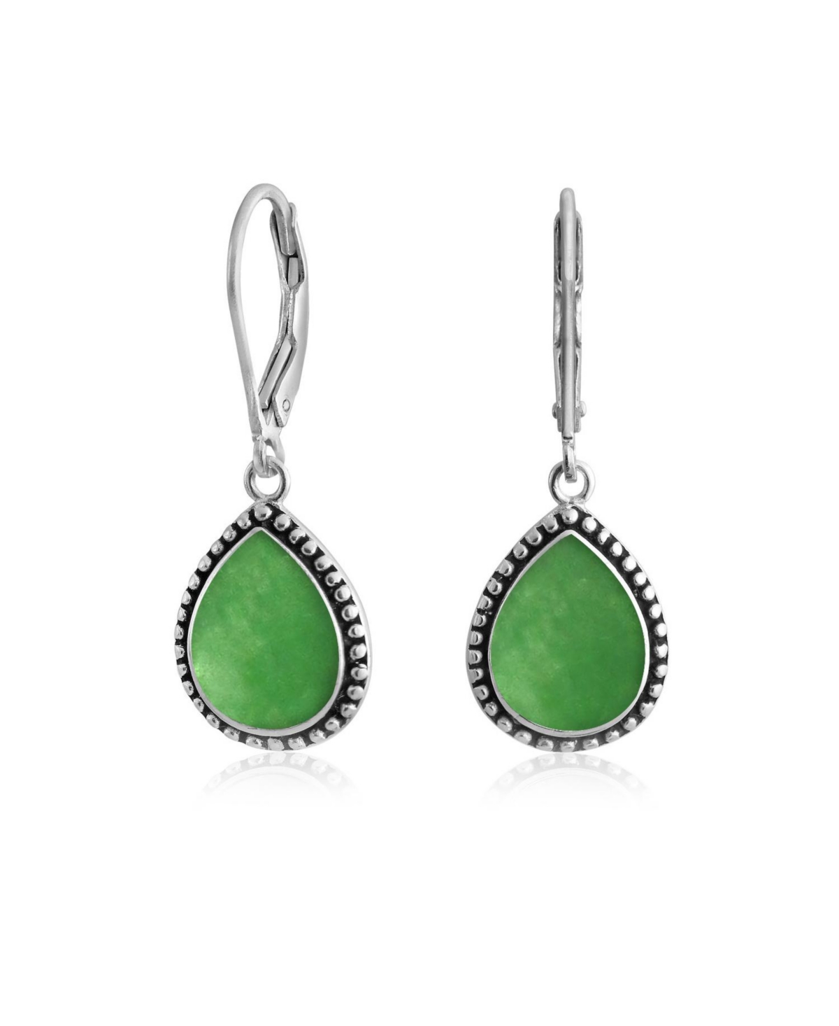 Boho Western Style Green Dyed Jade Semi Precious Pear Shaped Teardrop Lever Back Dangle Drop Earrings For Women Teen Oxidized .925 Sterl
