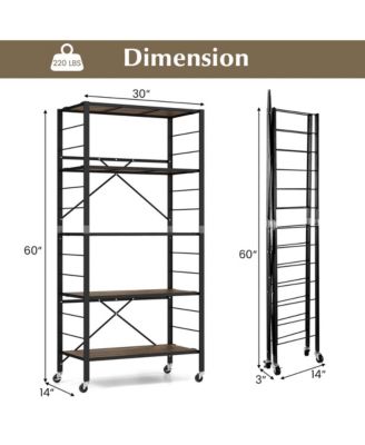 5-Tier Folding Shelf Free DIY Design Shelving Unit with 4 Universal Wheels Kitchen