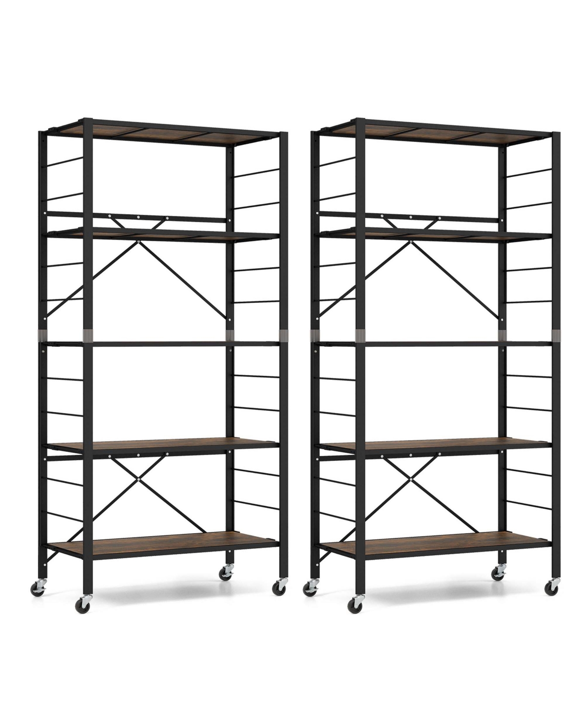 2 Pcs 5-Tier Folding Shelf Free Diy Design Shelving Unit with 4 Universal Wheels - Black